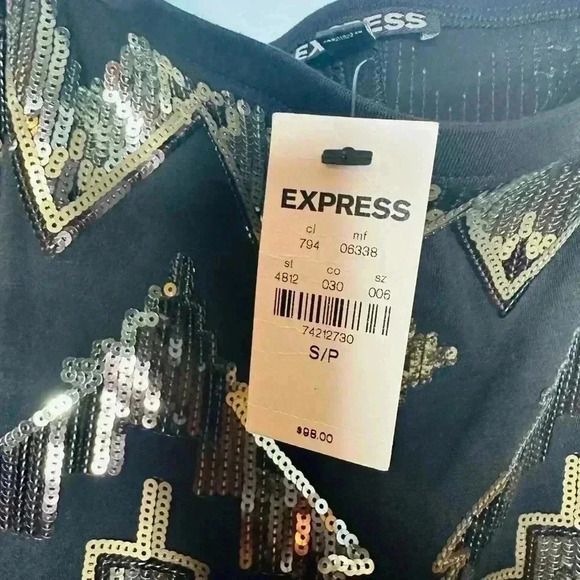 Express NWT Off the shoulder black and gold sequins bodycon mini dress s… - Picture 6 of 6